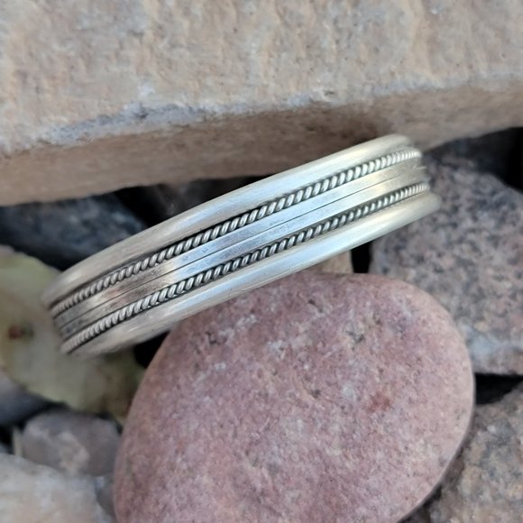 Native American smooth band + rope border + split band five shank 925 sterling - Picture 10 of 13